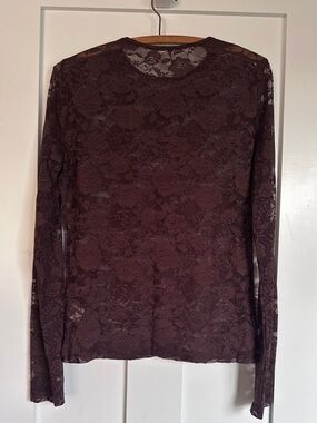 Lyaner Women's Long Sleeve Rose Brown Lace Sheer Flirty Top